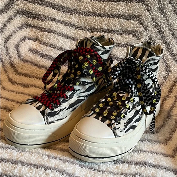 R13 Kurt Double Grommet Platform High Top Zebra Sneakers - Picture 2 of 11